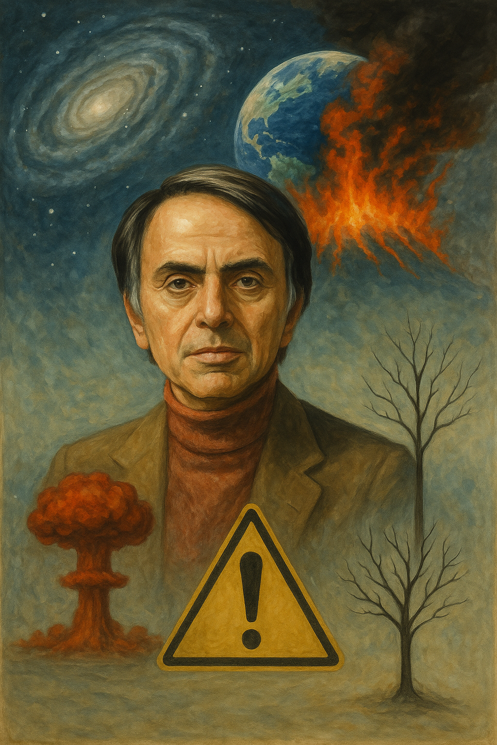 Traditional-style digital painting of Carl Sagan gazing toward the cosmos, with stars, Earth, and scientific diagrams surrounding him